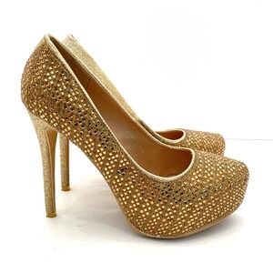 Elegant Collection Diamond Gold Jeweled Platform Heels Womens 8.5 Glitter Shoes